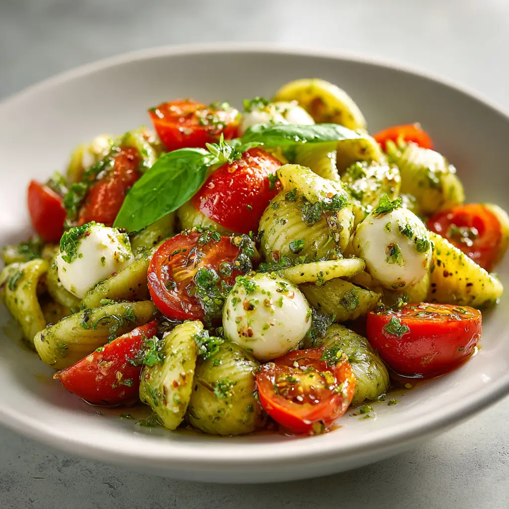Creamy Pesto Pasta Salad With Cherry Tomatoes And Mozzarella