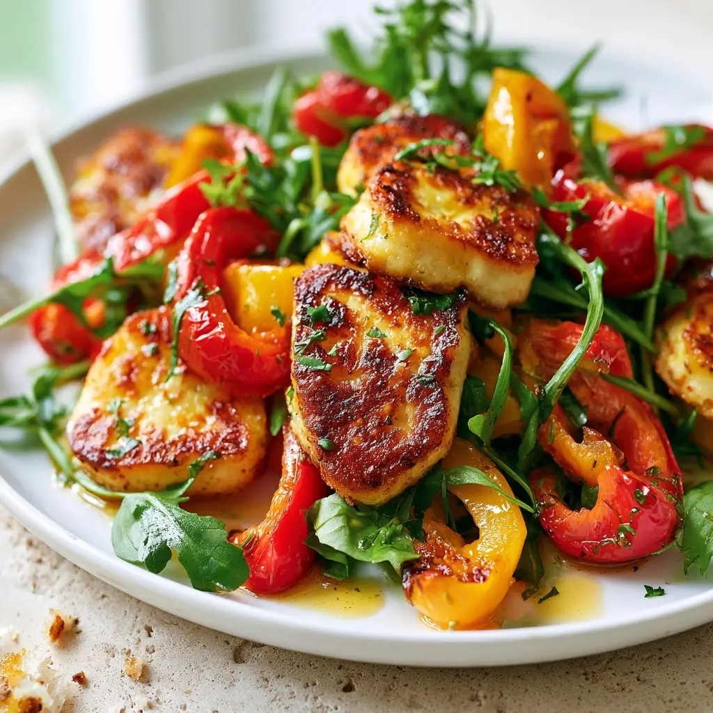 Crispy Halloumi Salad With Roasted Peppers And Arugula