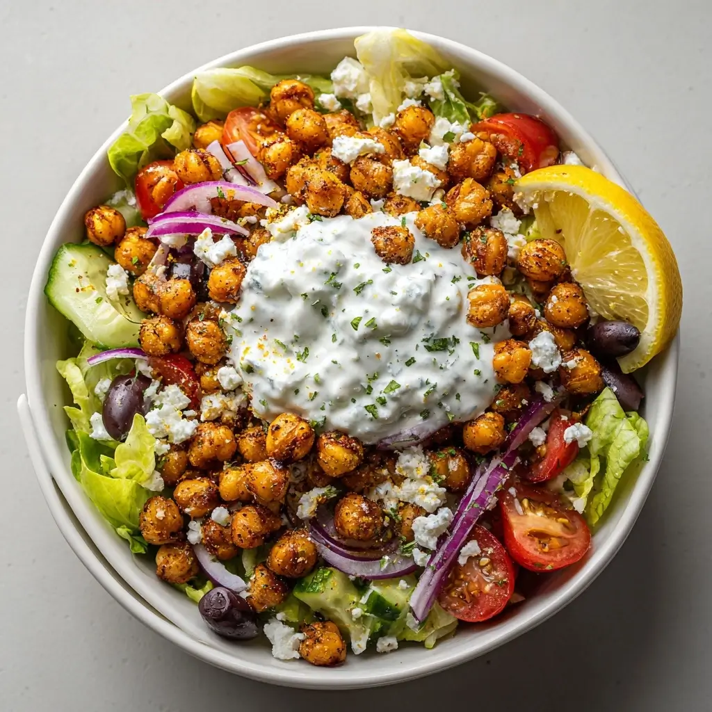 Crispy Roasted Chickpea Greek Salad Bowl With Tzatziki