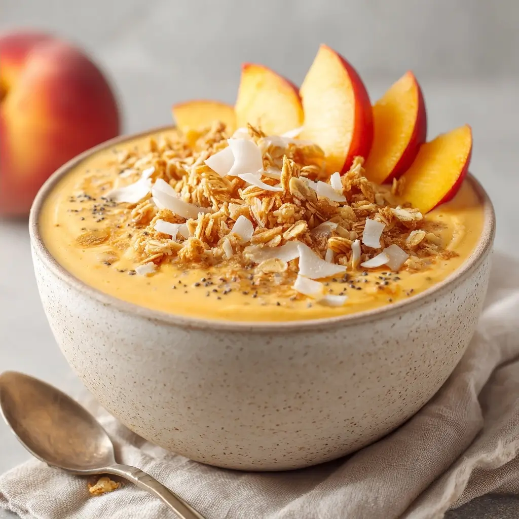 Fresh Peach Smoothie Bowl With Granola And Coconut