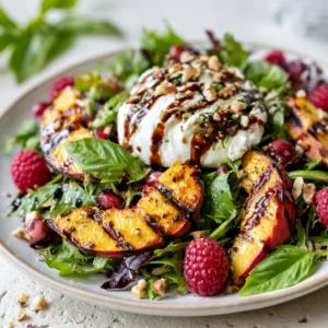 Grilled Peach And Burrata Salad With Balsamic Glaze