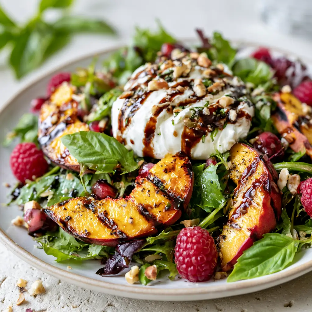 Grilled Peach And Burrata Salad With Balsamic Glaze