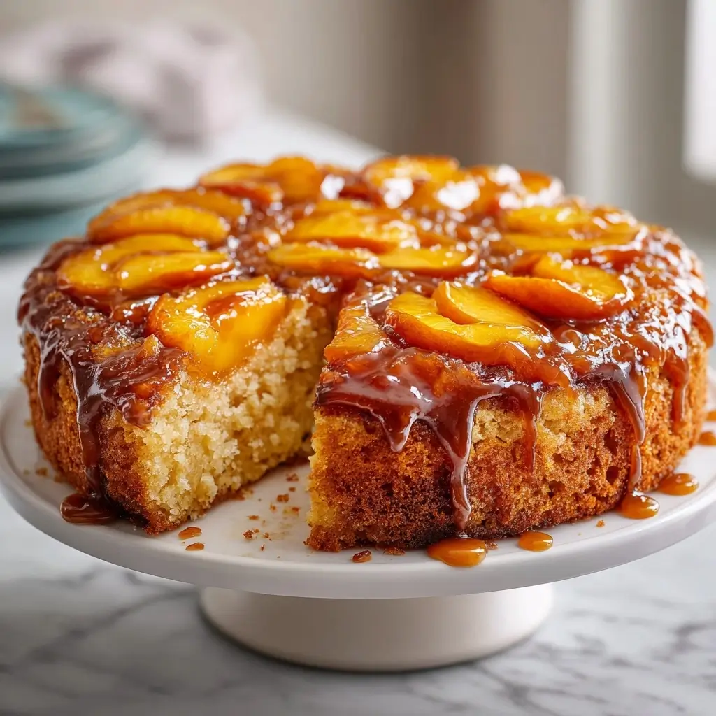 Peach Upside Down Cake With Caramel Brown Sugar Glaze