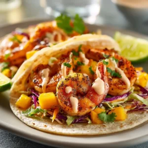 Quick Shrimp Tacos With Mango Peach Slaw