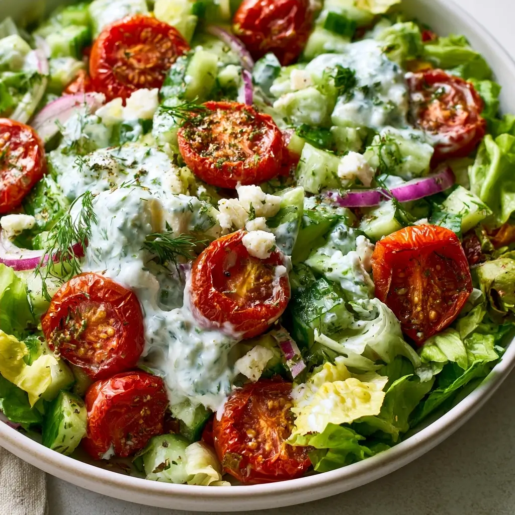 Baked Tomato Cucumber Chopped Salad With Tzatziki