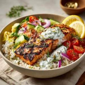 Charred Salmon Mediterranean Bowl For High Protein Meals