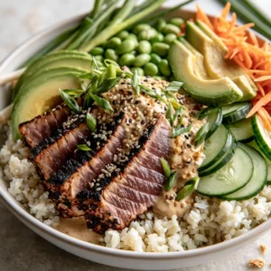 Charred Tuna Protein Bowl With Tahini Sauce