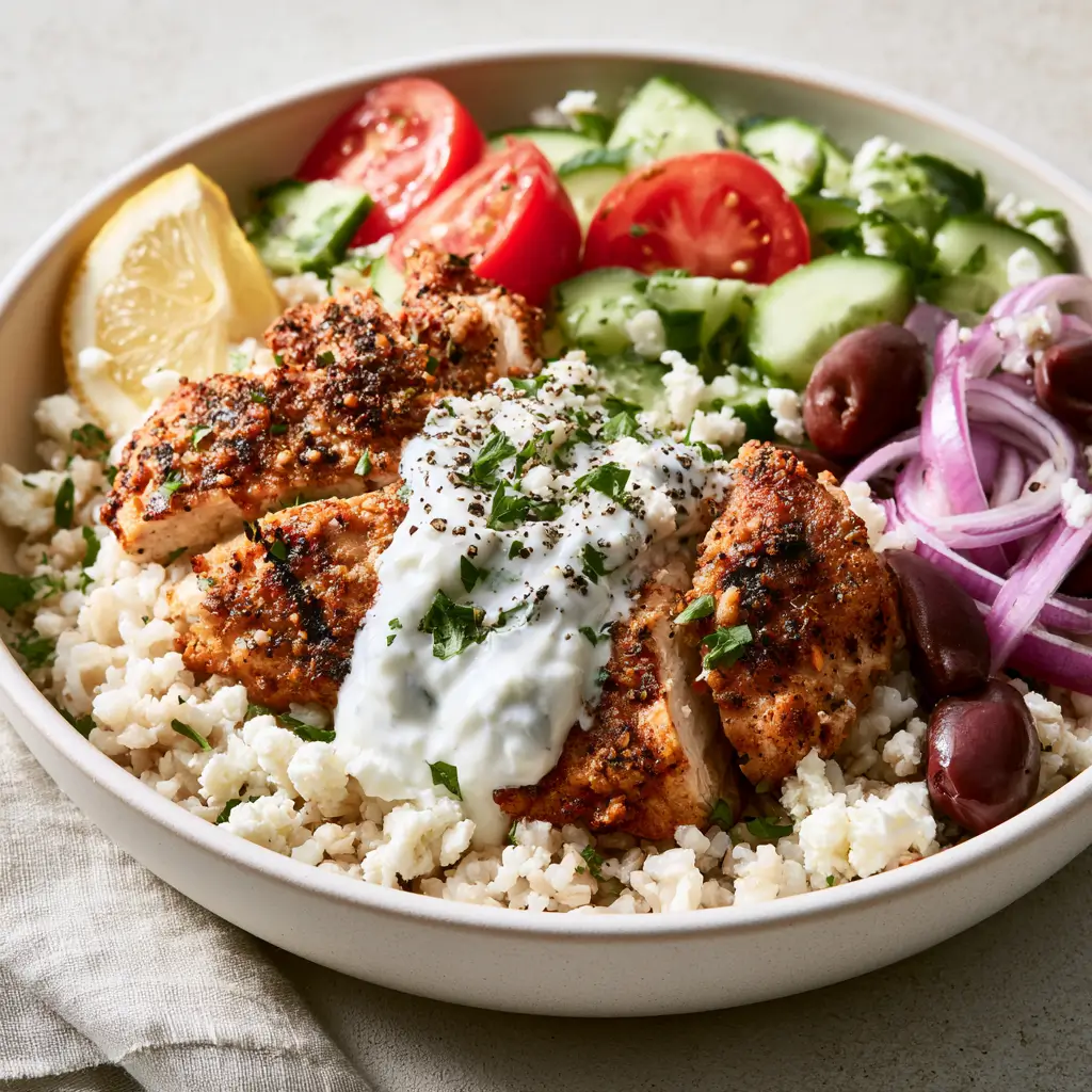 Crispy Grilled Chicken Greek Bowl With Garlic Yogurt Sauce
