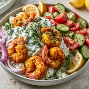 Crispy Shrimp Mediterranean Bowl With Tzatziki
