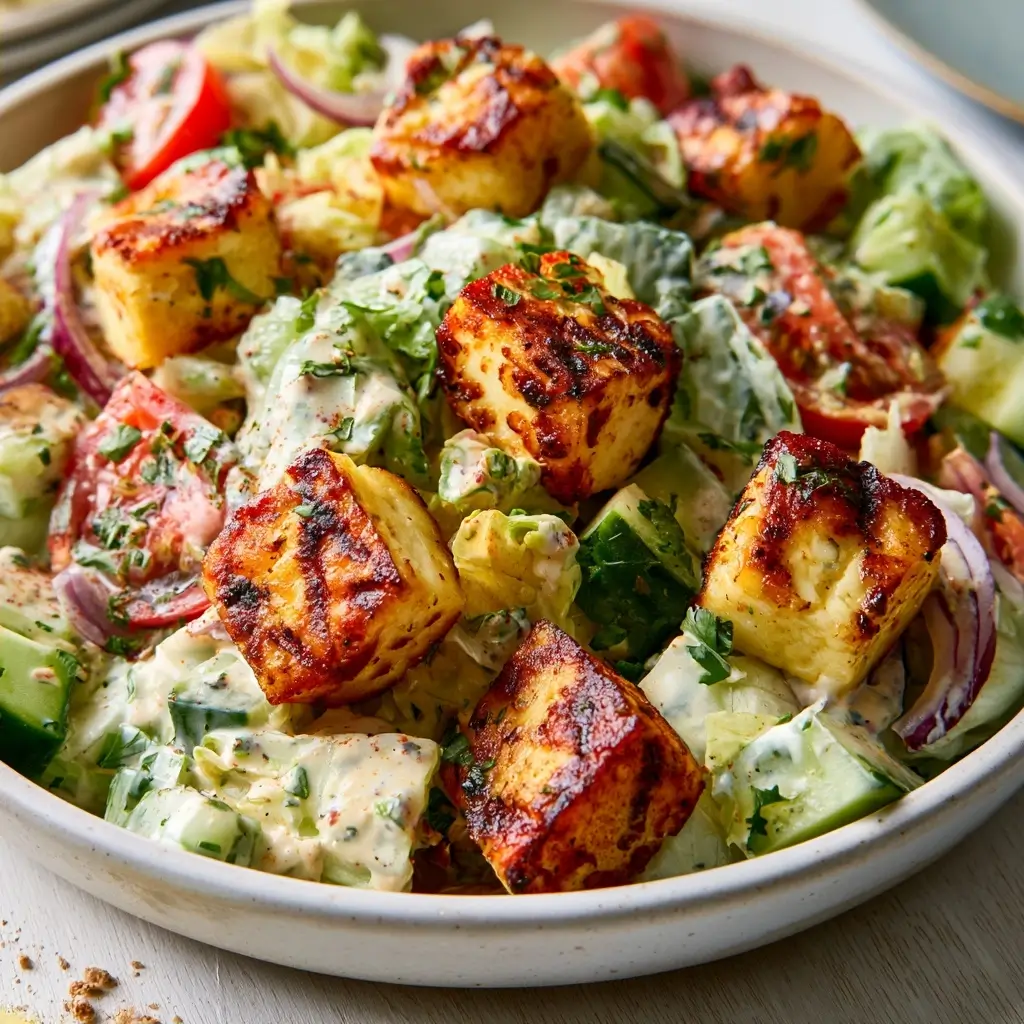 Grilled Halloumi Chopped Salad With Creamy Tahini
