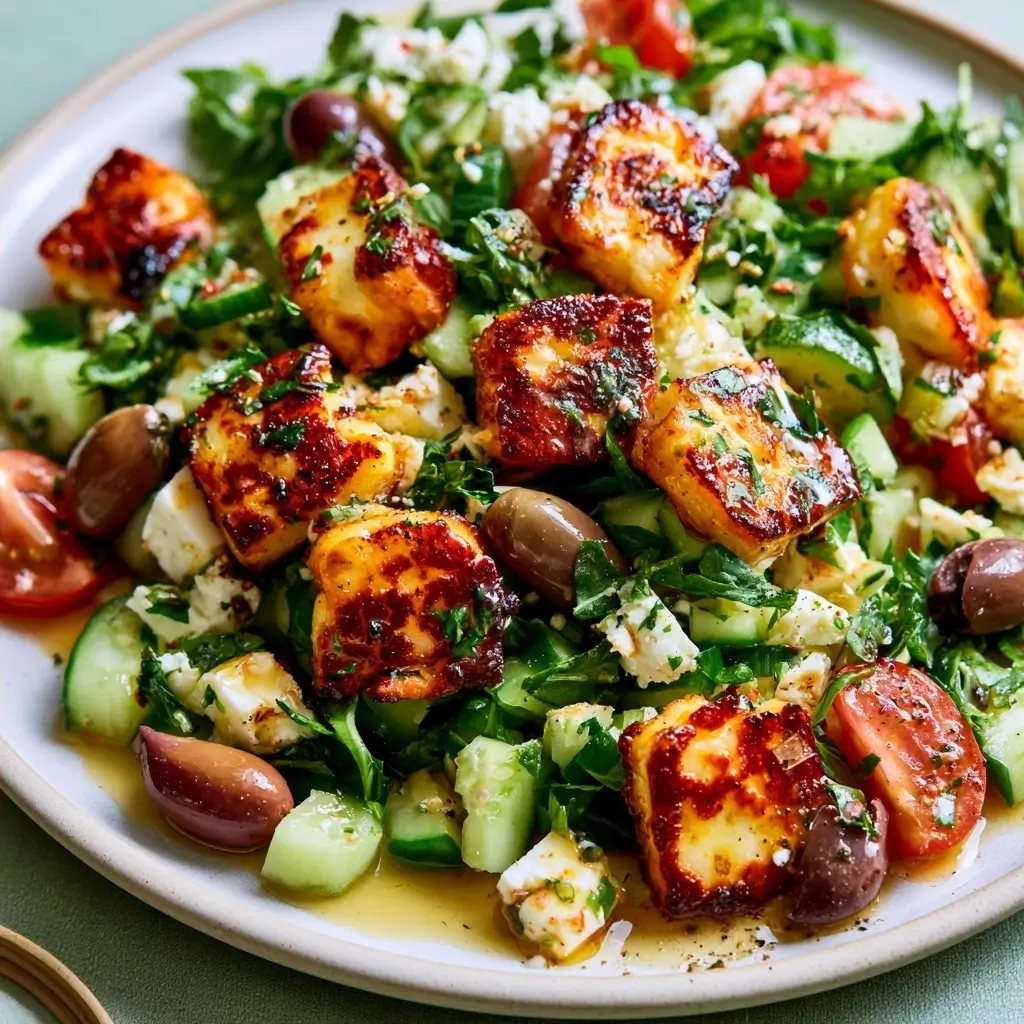 Roasted Halloumi Chopped Salad With Feta And Olives