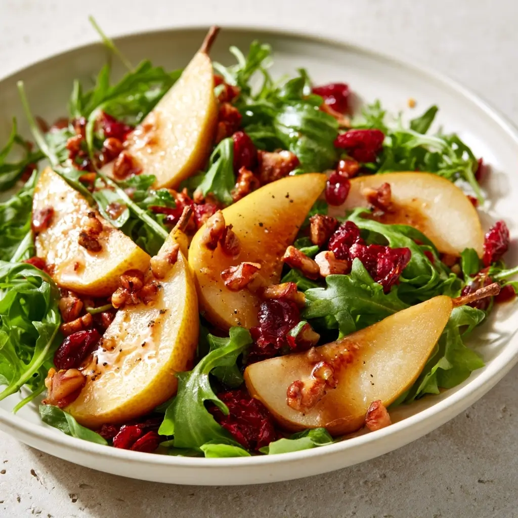 Autumn Pear Salad Recipe With Sweet Pears, Fresh Arugula, Tangy Craisins, Crunchy Nuts, And Balsamic Vinaigrette