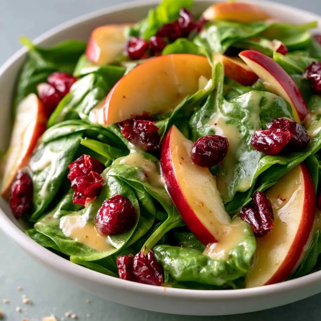 Fall Inspired Apple Cranberry Spinach Salad With Creamy Apple Cider Vinaigrette | Thanksgiving Salad