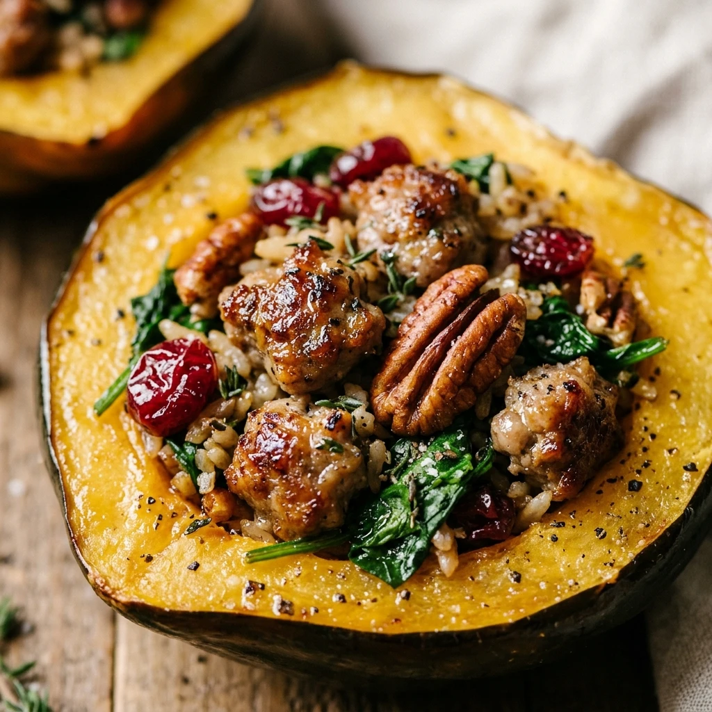 Stuffed Acorn Squash with Sausage, Spinach, Dried Cranberries, and Pecans